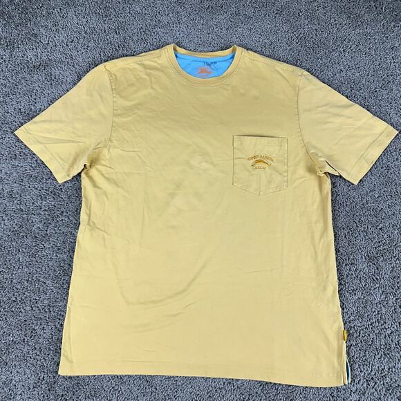 Tommy Bahama Shirt Mens Medium Yellow Pima Cotton Pocket Short Sleeve Marlin - Picture 1 of 12